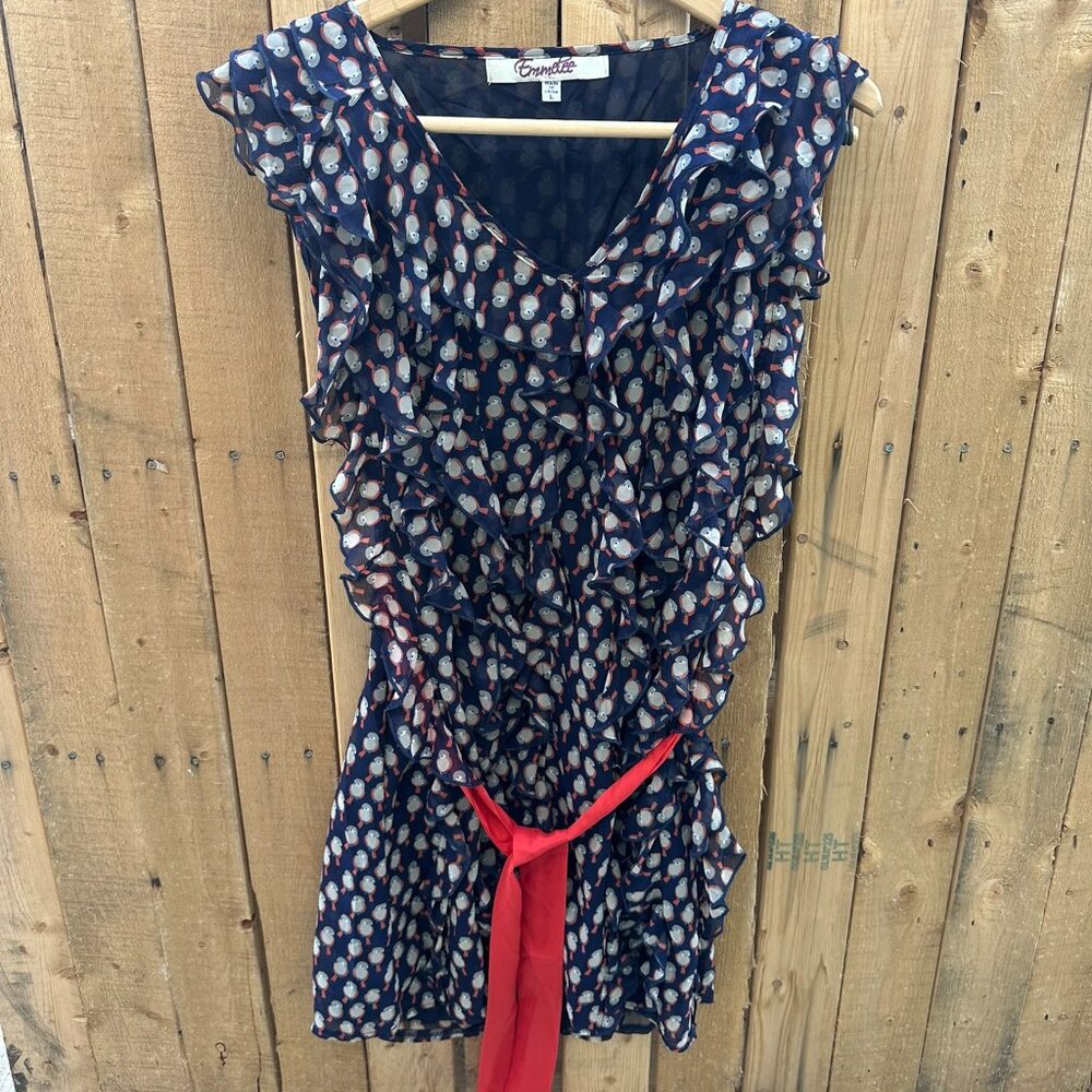 Emmtee Navy Bird Print Ruffle Dress with Red Sash